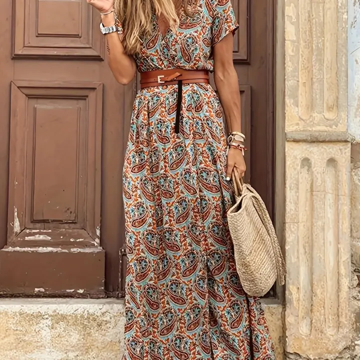 Elegante Vestido Floral Largo Cuello en V, Cinturón, Tejido de Punto, Fácil de Mantener, Ropa de Verano para Mujeres - 1