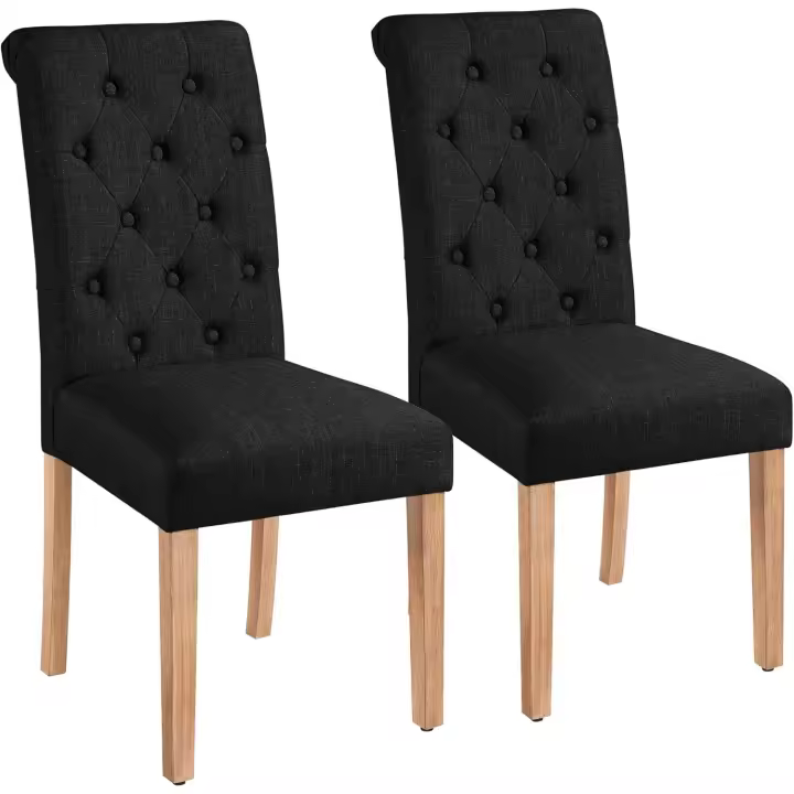 Silla de comedor de tela con respaldo alto y patas de madera, color negro. - 1
