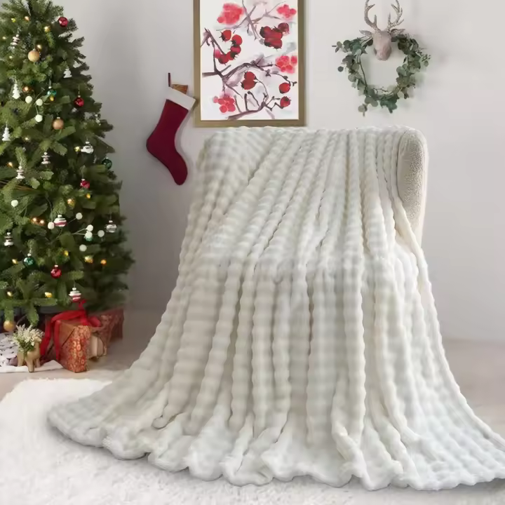 Manta Sofá de Felpa de Conejo Super Suave Cálida, Gruesa Franela 540 g/m² Manta Cama Multifuncional Esponjosa para Dormitorio Sofá Viajes Niños Camping Manta (Albaricoque A Rayas, 160 x 200 cm) - 1