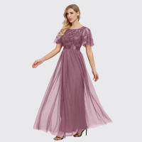 Vestido de noche de malla con cuello redondo y cintura elástica para una gran fiesta de vuelo, lrge prty - details 6