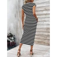 Vestido largo de manga corta con cuello redondo a rayas y cintura elegante con vestidos de encaje utilizados para la fiesta de verano de las mujeres - details 9