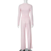 Conjunto de pantalón de pierna ancha y top de manga larga básico de color sólido nuevo de otoño para mujer Y24593 - details 21