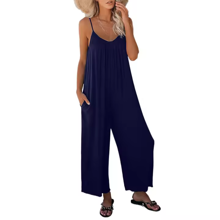 Mono informal de verano sin mangas con pernera ancha para mujer, pantalones de color liso con peto, mono culotte con bolsillos - 1