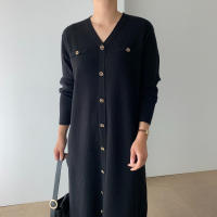 Vestido Largo de Punto Cálido con Cuello en V Cierre de Botón Único, Mango Largo, Moda de Commute para Mujeres - details 15