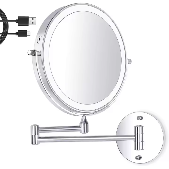 Amelar Luz de maquillaje recargable de 8 pulgadas, espejo de pared con aumento de 1X/20X, brillo ajustable en 3 colores, doble cara con 360 - 1