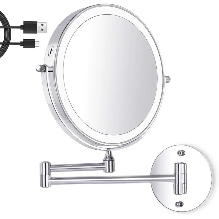Amelar Luz de maquillaje recargable de 8 pulgadas, espejo de pared con aumento de 1X/20X, brillo ajustable en 3 colores, doble cara con 360 - 1