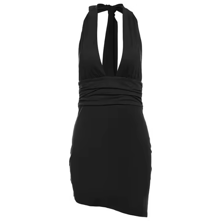 BUNO-Minivestido ajustado con cuello en V y espalda descubierta para mujer, vestido liso de verano con cuello Halter y retales, vestido de fiesta elegante, ropa para mujer - 1