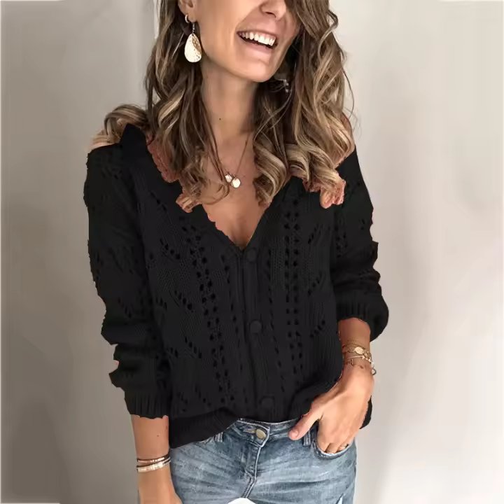 Suéteres de punto para mujer, cárdigan de manga larga con cuello en v, tops de otoño - 1