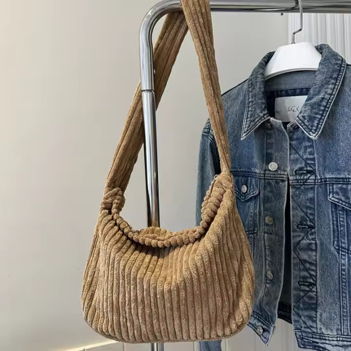 Bolso de mano de invierno para mujer, bolsos de gran capacidad, bolsos de hombro informales, bolso cruzado de pana de tendencia para mujer - 1