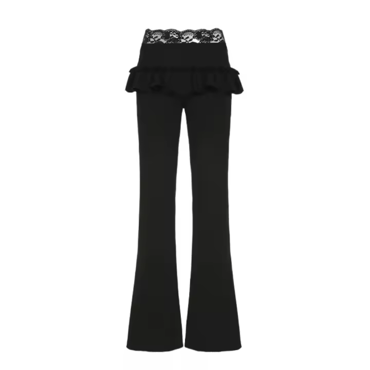 Pantalones de pierna ancha de encaje elegante elástico, pantalones negros con parte inferior de campana y cortina, pantalones largos rectos de cintura baja para mujer - 1