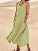 Vestido sin tirantes de lino y algodón para mujer, vestidos de colores lisos con bolsillos laterales dobles, vestido informal de verano - details 6