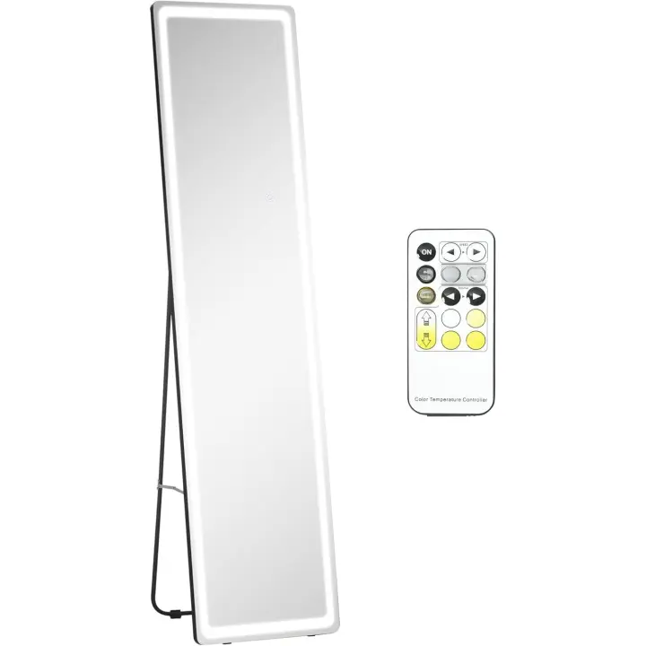 Espejo de Pared con Luz LED Brillo Ajustable, 3 Colores, Control Remoto, Aluminio para Plata y Negro, 40x37x157,5 cm - 1