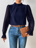 Jersey elegante de Cuello medio alto para mujer, de Color sólido Camisa de gasa, blusa de manga larga con volantes ondulados, Tops sueltos informales para mujer, novedad - details 24