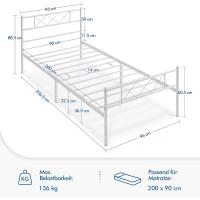Cama Metal con somier, Cama Doble/Individual, Cama con cabecero, Cama Invitados, Cama Juvenil, para Dormitorio, habitación Invitados, 90 x 200 cm/Negro - details 10