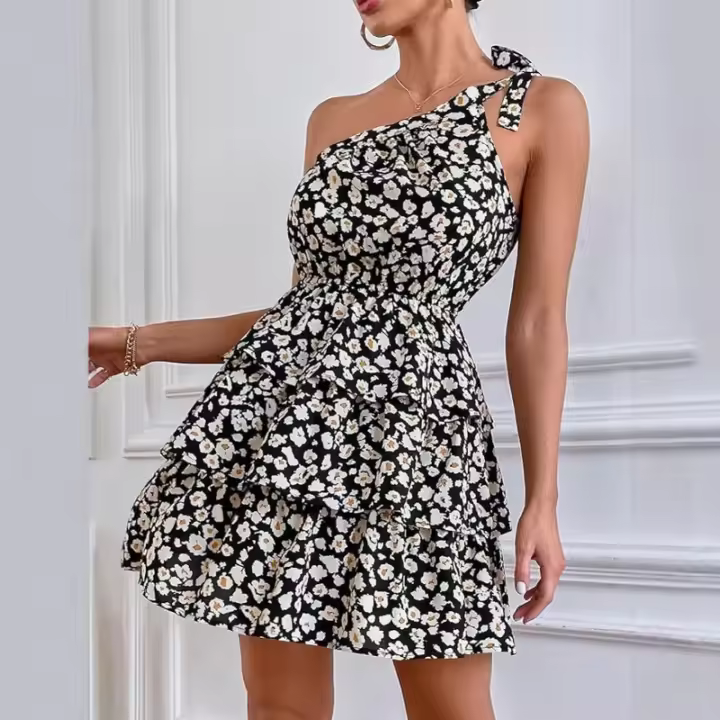 Vestido floral de corte A con cintura elástica en capas para mujer - 1