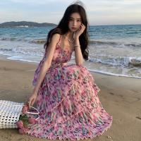 Vestido de vacaciones plisado elástico con estampado de flores de primavera y verano, falda rosa, vestido de playa con tirantes, vestido de isla - details 1