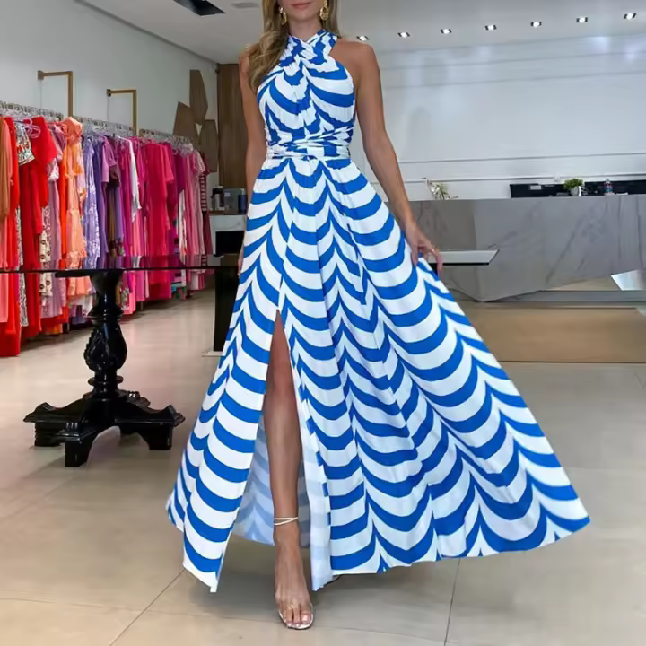 Ropa de mujer, novedad de verano 2025, vestido de longitud media con abertura y cintura alta, a rayas claras y dulces, con cuello colgante - 1