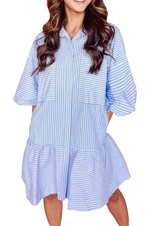 Elrachen Vestido camisero de mujer con mangas abullonadas y bolsillos en el pecho, rayas azul cielo, tallas S-XL - 1