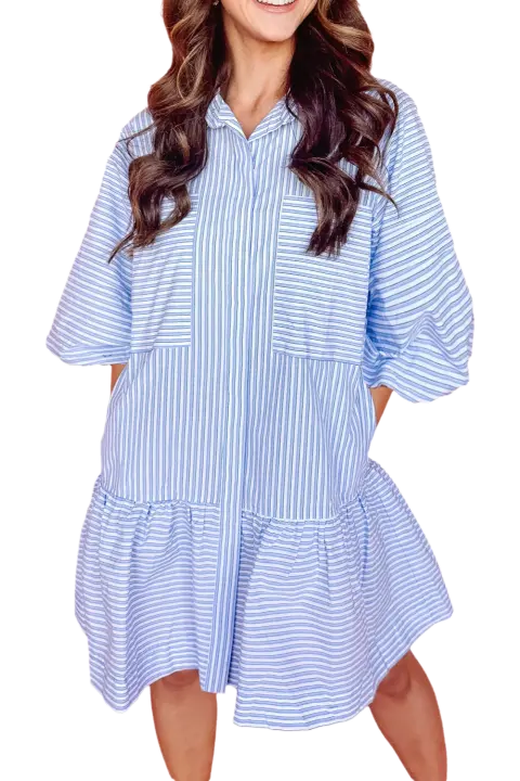 Elrachen Vestido camisero de mujer con mangas abullonadas y bolsillos en el pecho, rayas azul cielo, tallas S-XL - 1