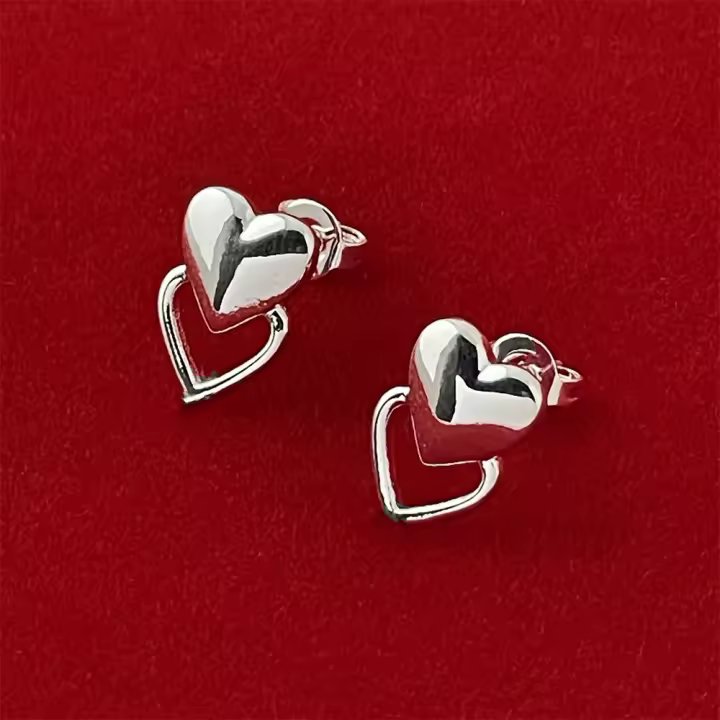 Andara Aretes de Doble Corazón de Plata Esterlina  Accesorio Casual de Ropa con Estilo Europeo y Americano Regalo de Joyería de Vacaciones - 1