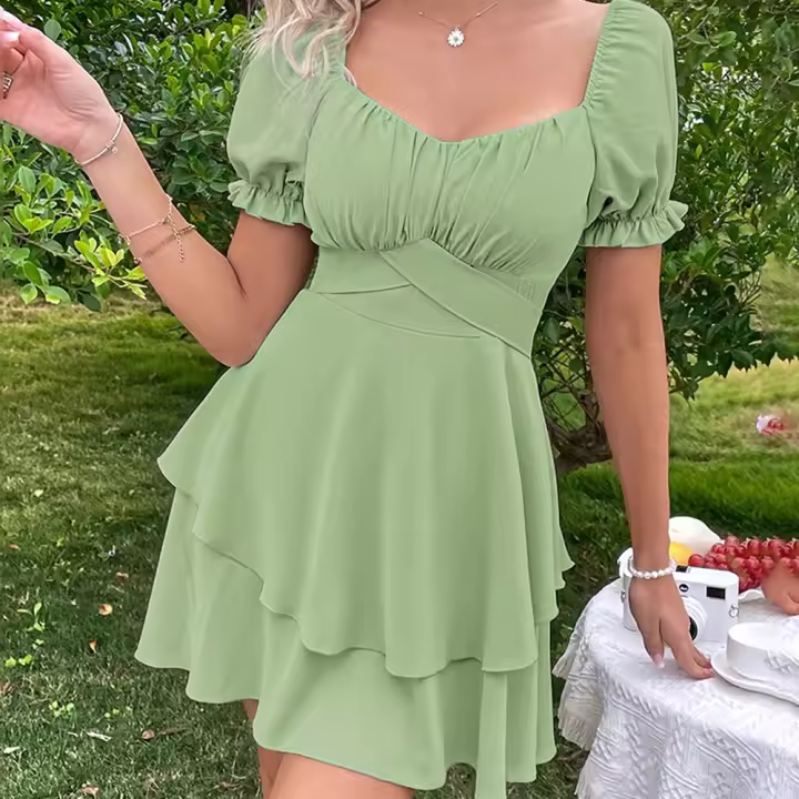 Temperamento femenino cintura delgada falda de hoja de loto de manga de burbuja vestido verde aguacate - 1