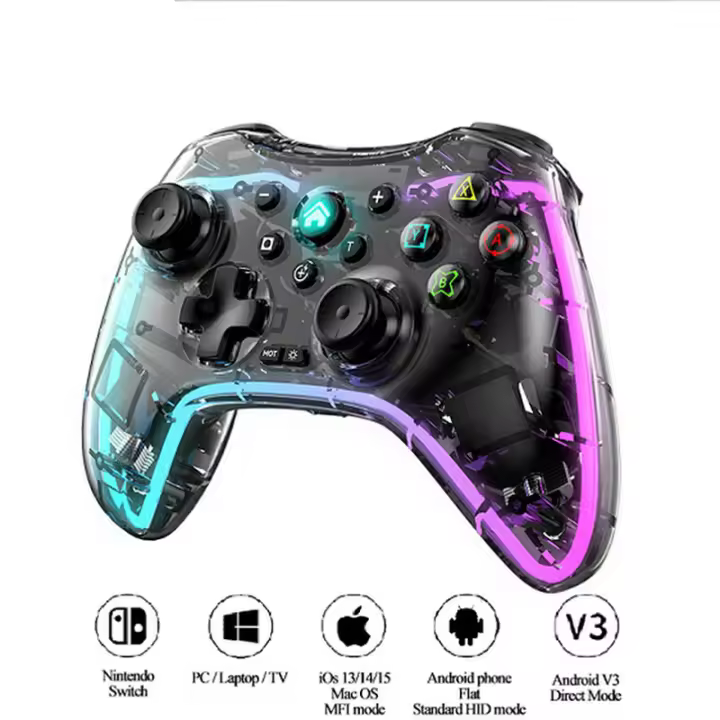 Controlador de juego Bluetooth, Joystick inalámbrico, giroscopio de 6 ejes, controlador inalámbrico RGB para IOS, Android, PC, PS3, PS4 - 1