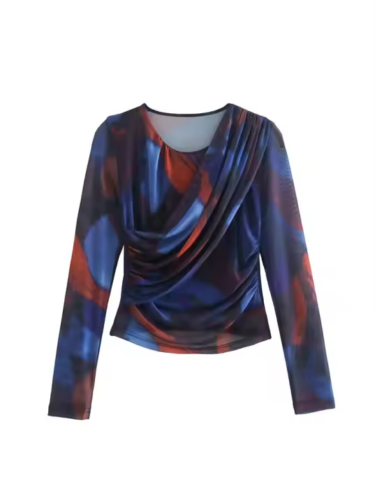 TRAFZA Conjunto de 2 piezas para mujer, camisa plisada de manga larga con cuello redondo y falda midi recta, moda 2023 - 1