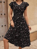 Vestido estampado de verano 2025, nuevo, elegante, para mujer, con cuello en V, lazo en la cintura y mangas con volantes. - details 4