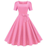 Vestido midi de fiesta de lunares para mujer, elegante, de manga corta, con cuello cuadrado, línea A, estilo años 50 y 60. - details 31
