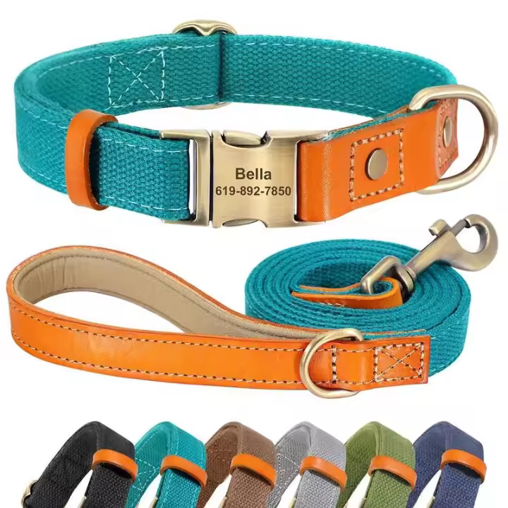 perro personalizado, conjunto correa, Collar cuero nailon perros, collares personalizados con etiqueta identificación mascotas, - 1