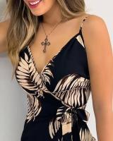 Vestido casual con cuello en V y estampado tropical para mujer, minivestido sin mangas para vacaciones de verano - details 9