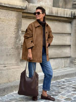 Chaqueta de ante con cuello marrón para mujer, abrigo holgado y grueso de media a larga, moda de invierno, 2024 - details 4