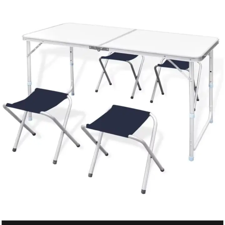Mesa de Camping Portátil 120x60x70cm con 4 Taburetes Plegables Altura Ajustable Diseño Claro Gris - 1