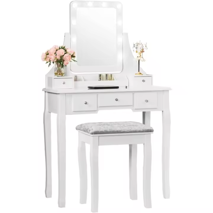 Tocador de maquillaje con luz y taburete y 5 cajones, mesa de maquillaje con espejo giratorio de 360° ° y 10 Bombillas LED, Mesa Tocador, Tocadores Modernos de Cosméticos para Dormitorio - 1