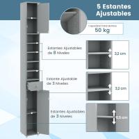Armario Alto de Baño, Armario Delgado de Baño Alto con 2 Puertas, 1 Cajón y 5 Estantes (Blanco) - details 13