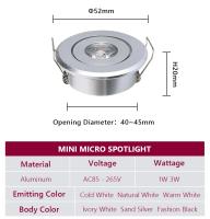 6 uds Led Mini Downlight 3W foco lámpara empotrable AC85-265V luz de techo de aluminio 52mm con controlador - details 0
