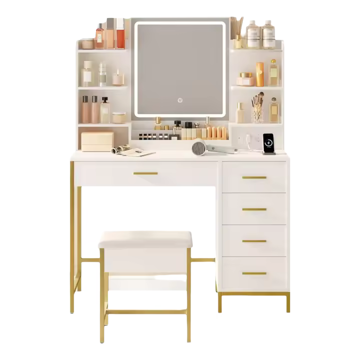 Tocador de Maquillaje Moderno con Taburete Espejo HD con Luces LED Ajustables - 1