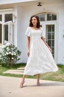 Vestido de manga corta fruncido con cuello cuadrado y espalda descubierta a la moda para mujer - details 5