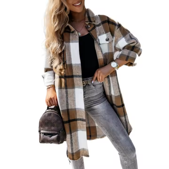 Abrigo de mujer, estilo vintage elegante de otoño/invierno, camisa con solapa de un solo pecho, abrigo largo a cuadros. - 1