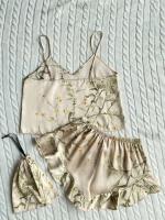 Moda verano, 3 piezas, camisola y pantalón corto, estampado floral de seda con bolso colgante, pijama de mujer, pijama de casa - details 14
