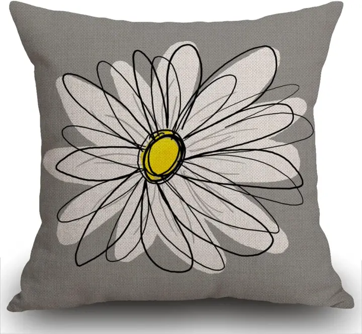 Funda de cojín personalizada para decoración del hogar, color gris y blanco, con margarita cuadrada gris y amarillo, funda de almohada de - 1