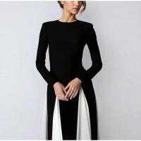 Vestidos largos elegantes de retazos en blanco y negro, vestido ajustado de manga larga con cuello redondo a la moda para mujer, batas de fiesta de noche para mujer - details 10