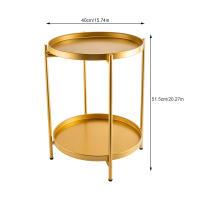 Mesa auxiliar redonda de Metal con pies antideslizantes, de 2 niveles mesita de noche, gran espacio de almacenamiento, color dorado - details 1