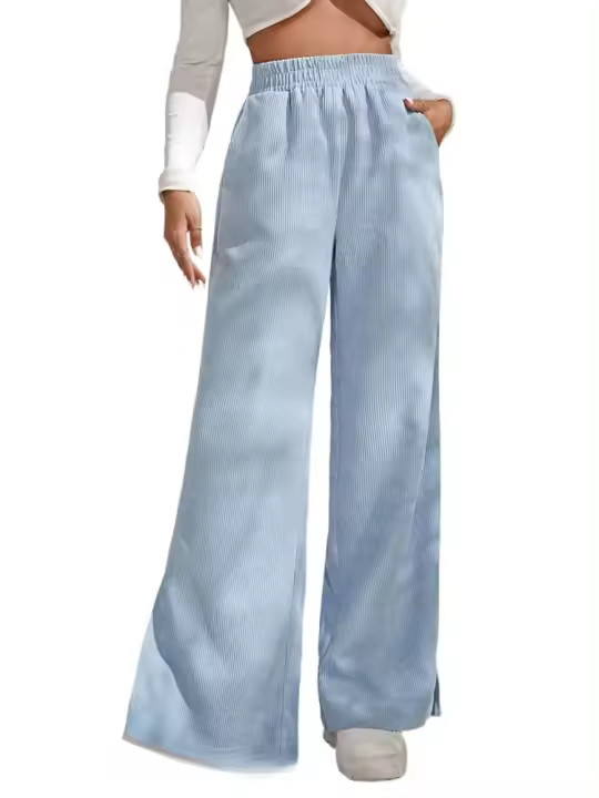 Pantalón de Caña Mujer, Pantalón Liso con Abertura, Pierna Recta, Cintura Alta, Ancho, Otoño, Elegante y Original - 1