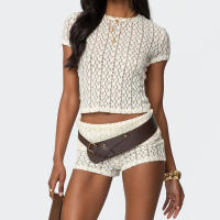 Conjunto de 2 piezas de encaje Floral transparente Y2k para mujer, Tops cortos de manga corta transparentes, camiseta + minipantalones cortos con pliegues - details 4
