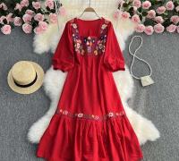 Primavera/Verano mujer viaje vacaciones Vintage largo estilo étnico bohemio bordado cintura atar algodón y vestido - details 1
