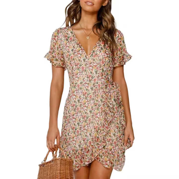 Vestido corto casual de verano para mujer, mini vestido con cuello en V, estampado vintage - 1