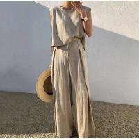 Conjunto de dos piezas de algodón para mujer, Tops informales sin mangas, pantalones de piernas anchas holgados, primavera y verano, 2024 - details 4