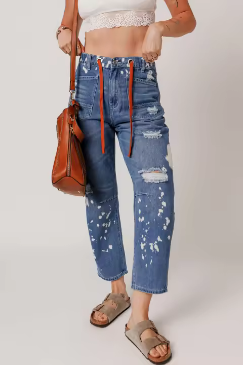 Elrachen Jeans rectos recortados para mujer con detalle de pintura salpicada rasgada, azul Ashleigh, tallas S-XL - 1