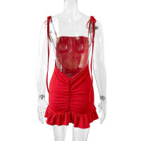 Vestido corto ajustado de verano, sexy, con tirantes finos, fruncido, espalda descubierta, lazo y volantes para mujer - details 10